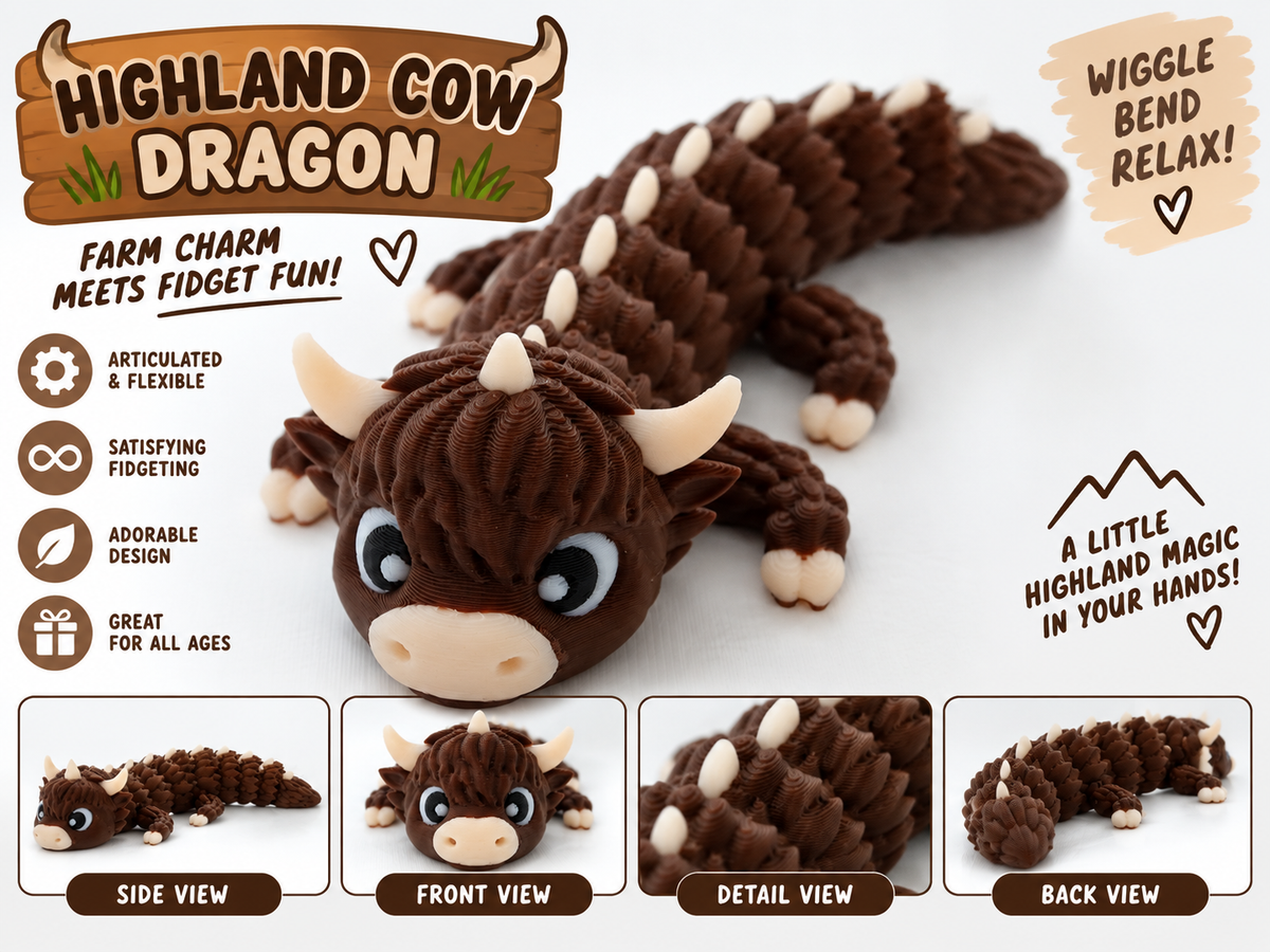 Highland Cow Articulated Dragon - Mini + XL versions
